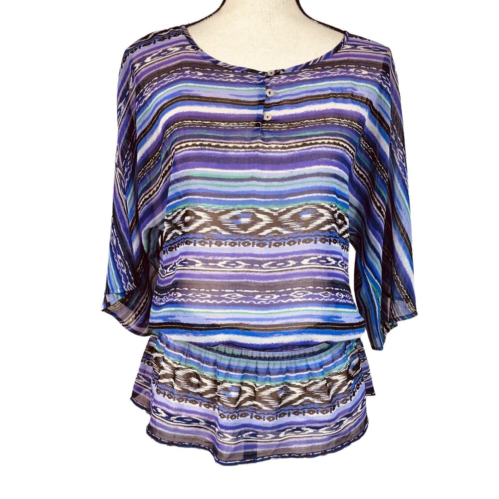Chico’s SZ 0 (Small) Top Dolman Sleeve Sheer Striped Round Neck Purple Multi